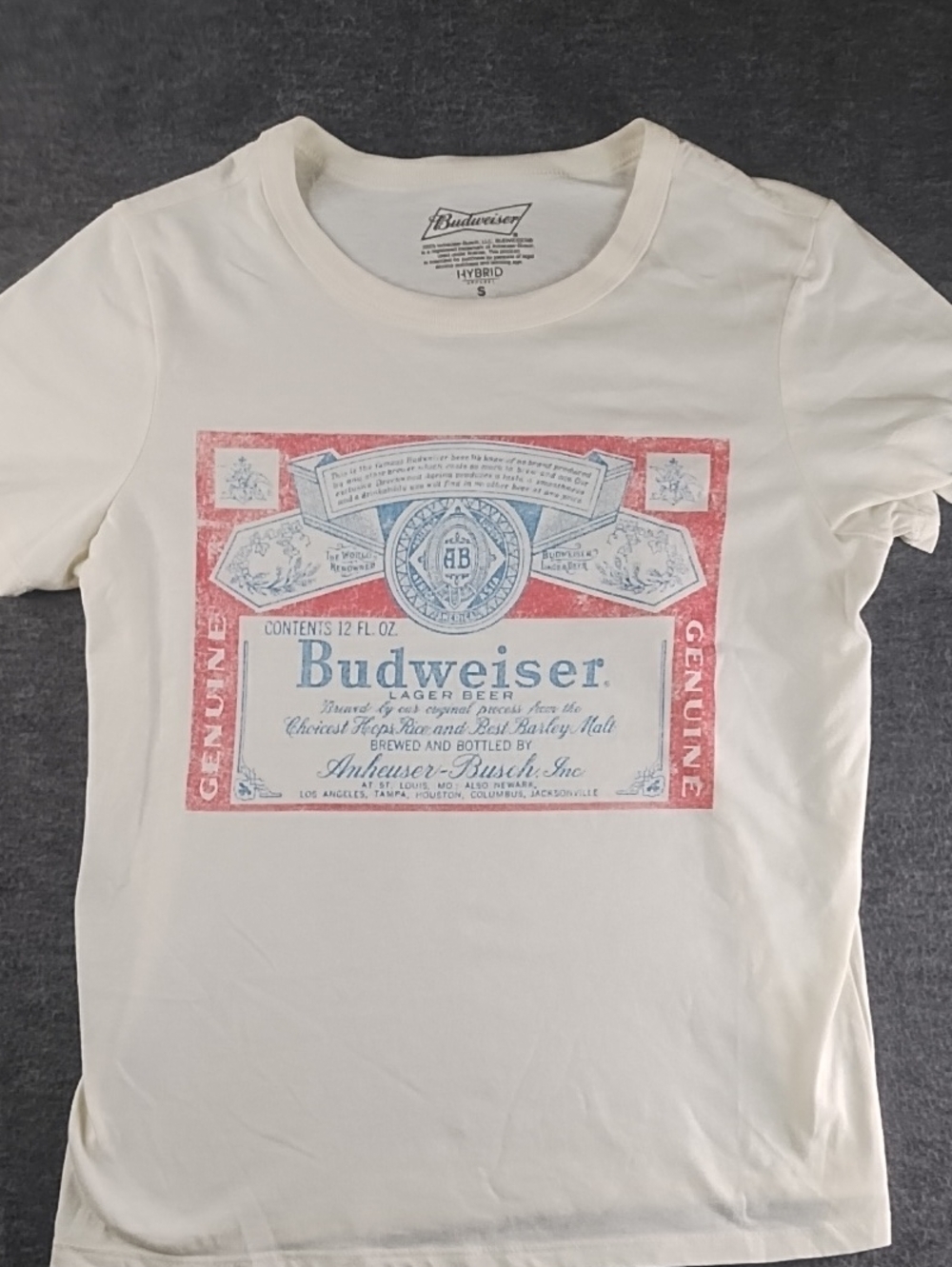 Budweiser Cream Tee with Red and Blue Label Graphic